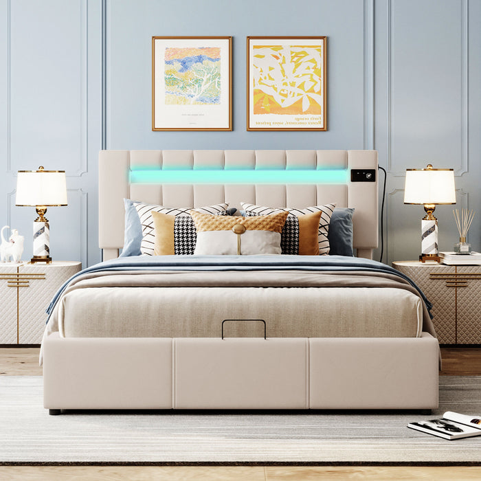 Queen Velvet Upholstered storage Bed with LED light, Bluetooth Player and USB Charging - Beige