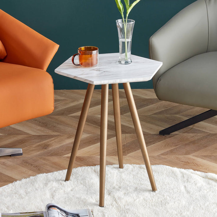 Modern Minimalism White Faux Marble End Table( MDF Tabletop + Metal Legs )