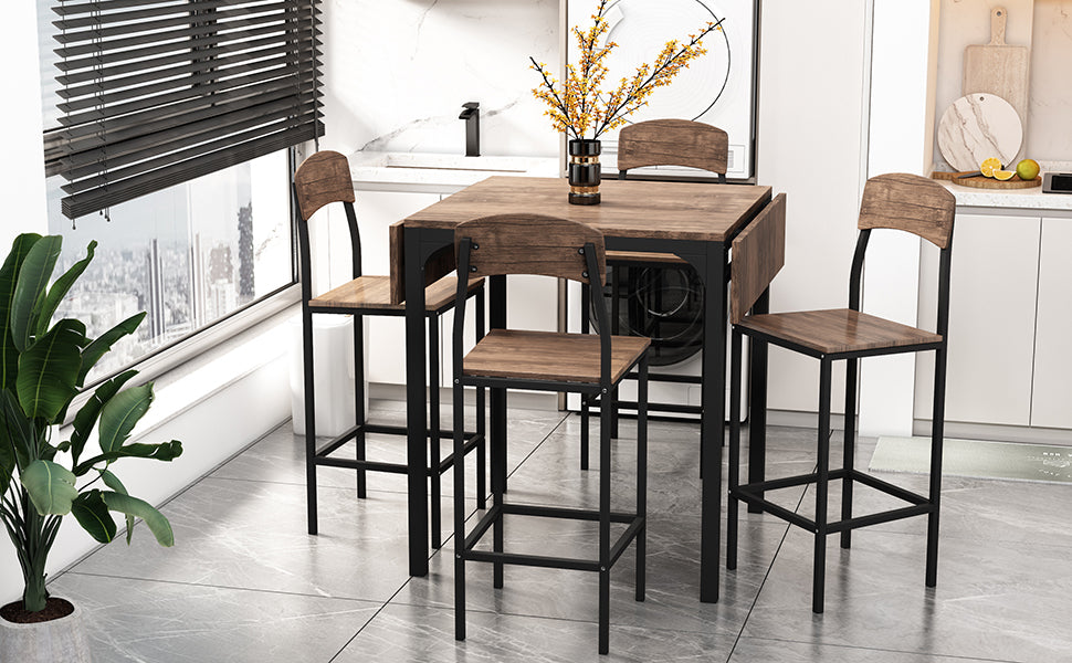 5-piece Farmhouse Counter Height Dining Table Set - Black Frame+Brown Tabletop