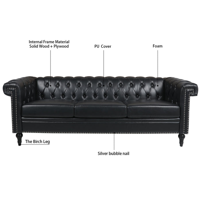 Traditional  Square Arm Chesterfield 3 seater Sofa - Black