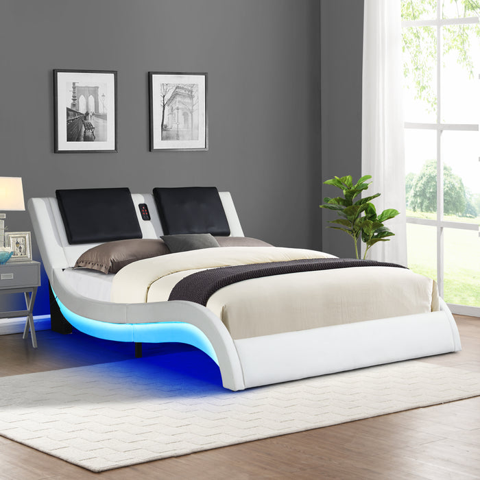 King Size Faux Leather Upholstered Platform Bed Frame with led lighting and Bluetooth connection  - White and Black