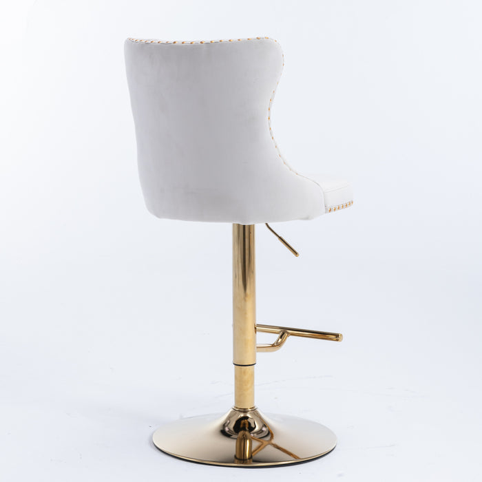 Golden Swivel Velvet Barstools, Beige (Set of 2）