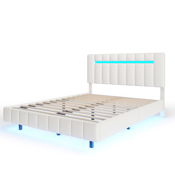 Queen Size Modern Upholstered Platform LED Bed with LED Lights and USB Charging - White