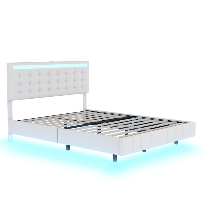 Queen Size Modern Upholstered Platform LED Bed with LED Lights and USB Charging - White