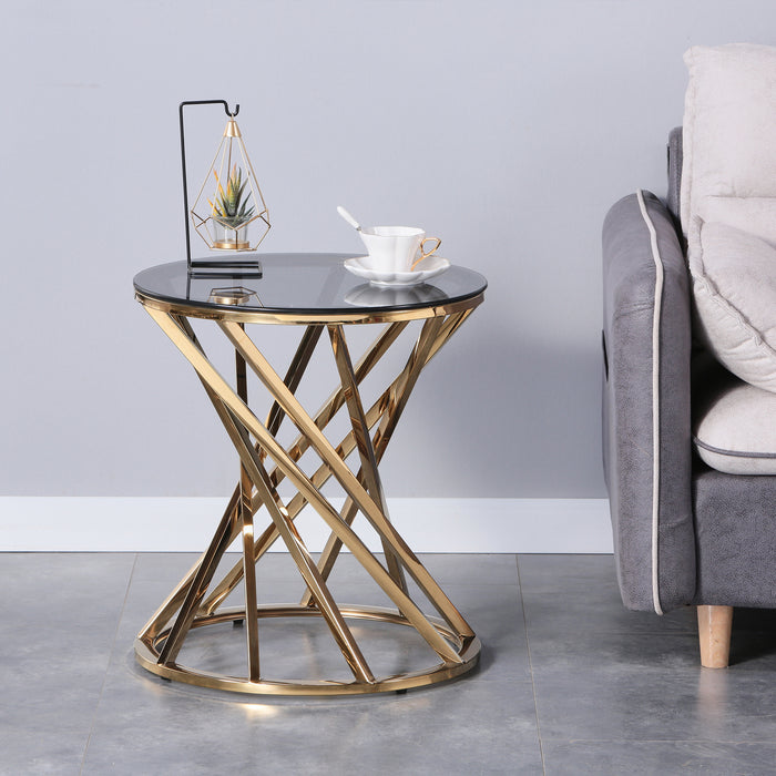 Set of 1 Round Glass Top Side Table for Living Room- Black Grey Tempered Glass & Gold Stainless Steel Frame