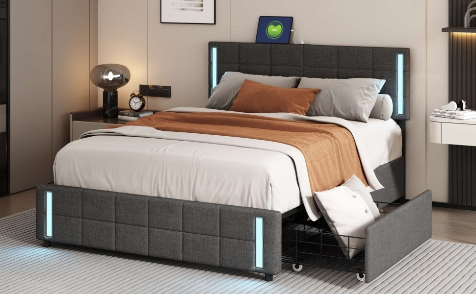 Queen Upholstered  storage Platform Bed with LED Lights and USB Charging - Dark Gray