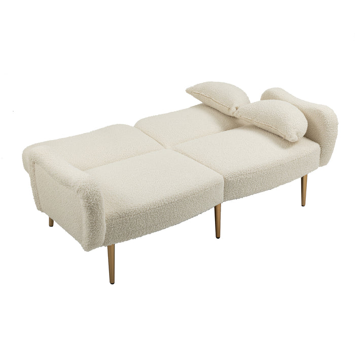 Mid Century Modern Velvet Love Seats Sofa with 2 Bolster Pillows - White Teddy