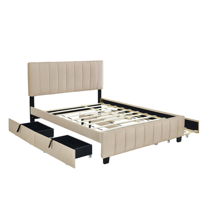 Queen Size Velvet Upholstered Platform Bed with 2 Drawers and Trundle- Beige