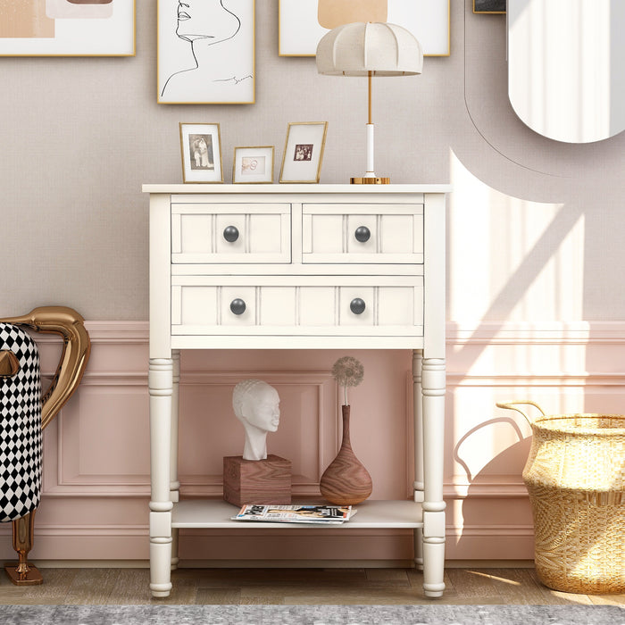 Narrow Console Table with Three Storage Drawers and Bottom Shelf - Ivory White