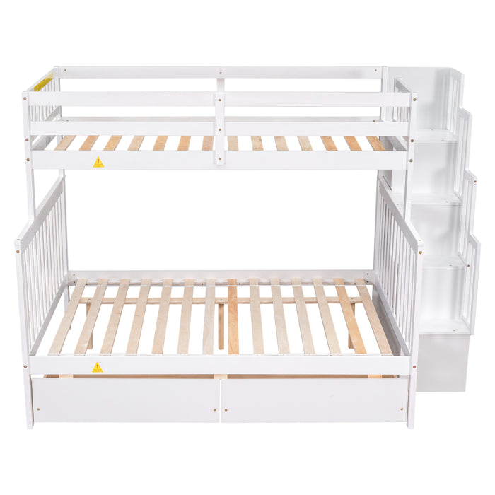 Twin Over Full Convertible Bunk Bed with 2 Drawers and Staircases - White