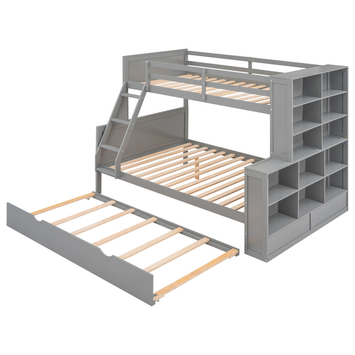 Twin over Full Bunk Bed with Trundle and Shelves, can be Separated into Three Separate Platform Beds, Gray