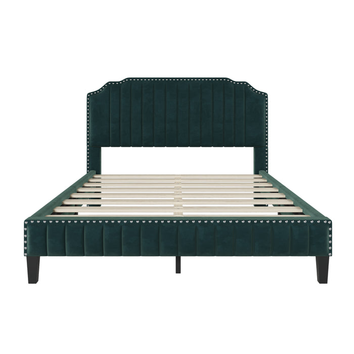 Modern Velvet Curved Upholstered Platform Bed , Green (Queen)