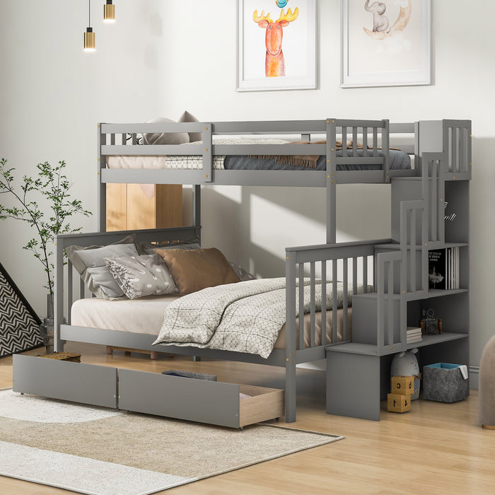 Twin Over Full Convertible Bunk Bed with 2 Drawers and Staircases - Grey