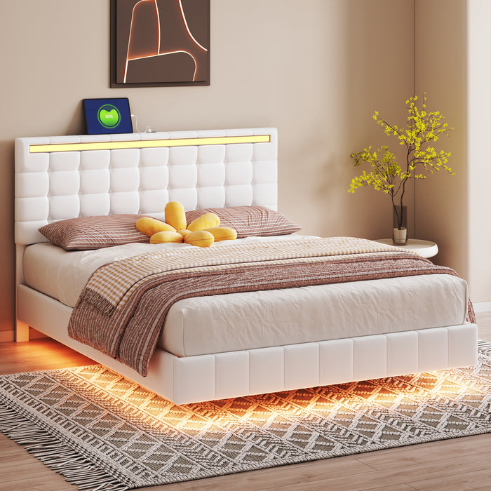 Queen Size Modern Upholstered Platform LED Bed with LED Lights and USB Charging - White