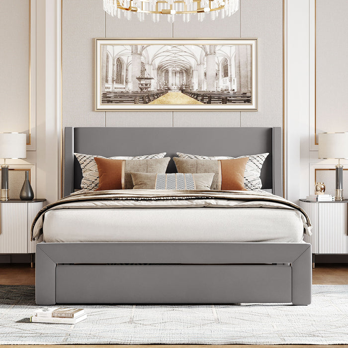 Queen Size Storage Bed Velvet Upholstered Platform Bed with a Big Drawer - Gray