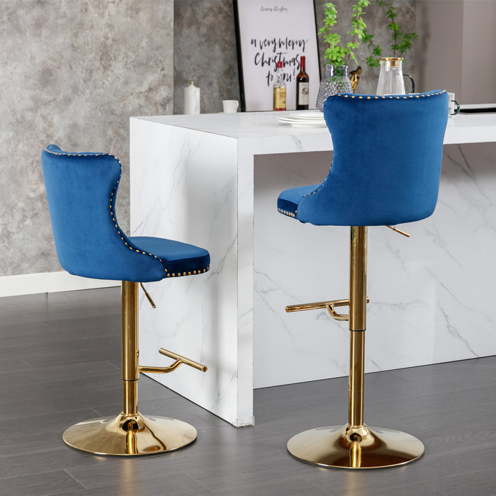 Golden Swivel Velvet Barstool, Blue (Set of 2）