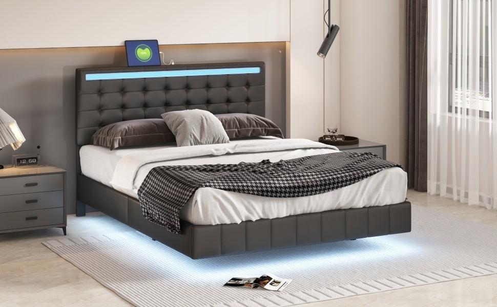 Queen Size Modern Upholstered Platform Bed with LED Lights and USB Charging - Black