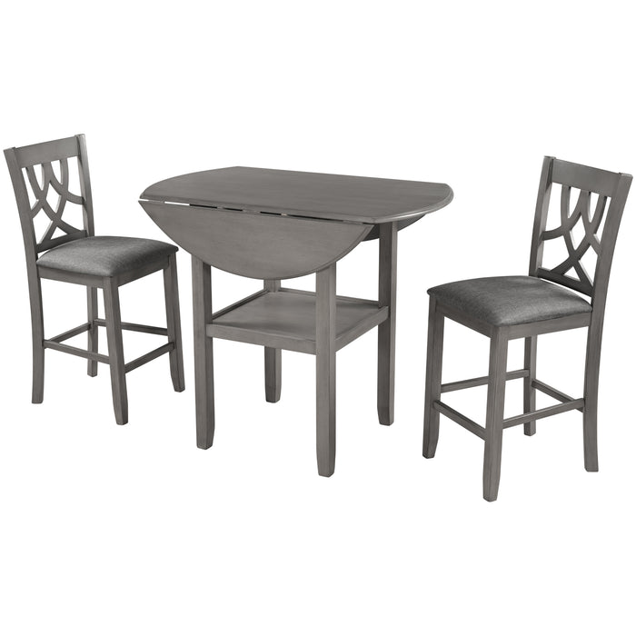 3-Piece Farmhouse Round Counter Height Kitchen Dining Table Set with Drop Leaf Table - Gray