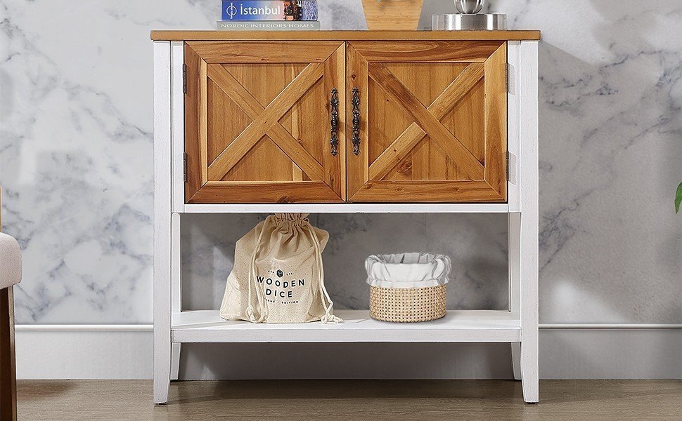 Farmhouse Wood Buffet Console Table - Antique White + Natural Acacia