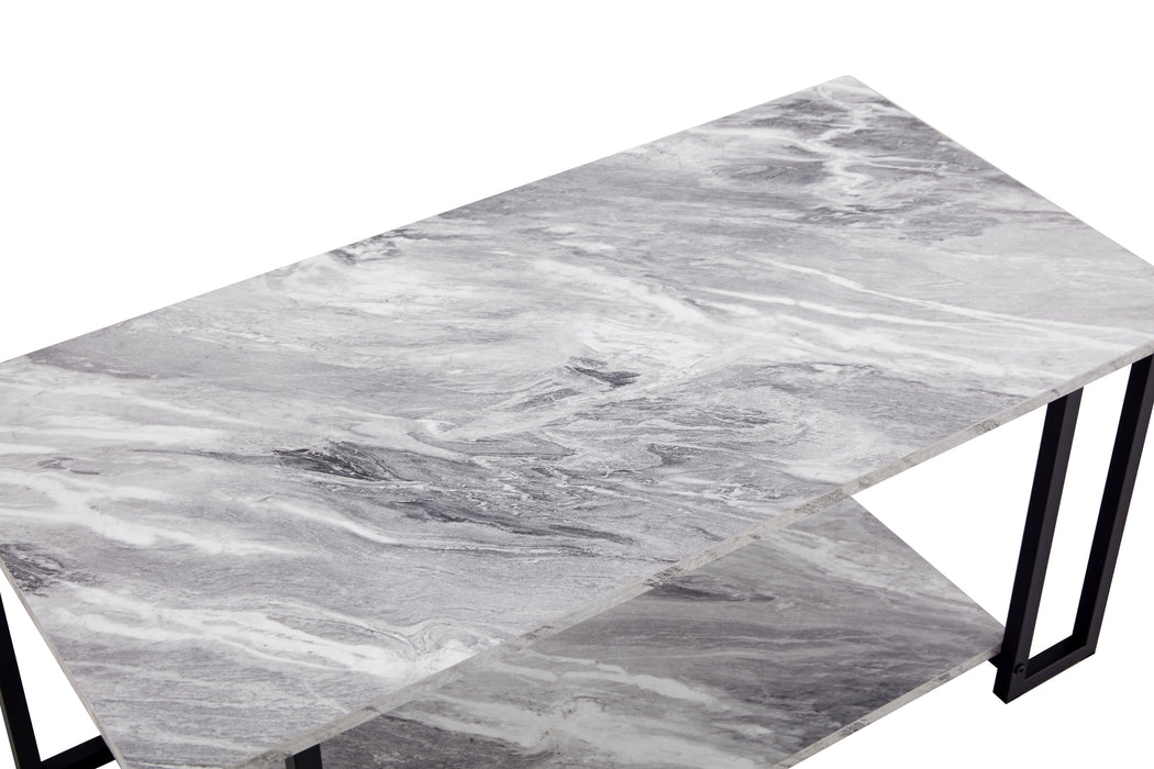 Coffee Table, 2 Layers 1.5cm Thick Marble MDF - GREY Top, BLACK Leg