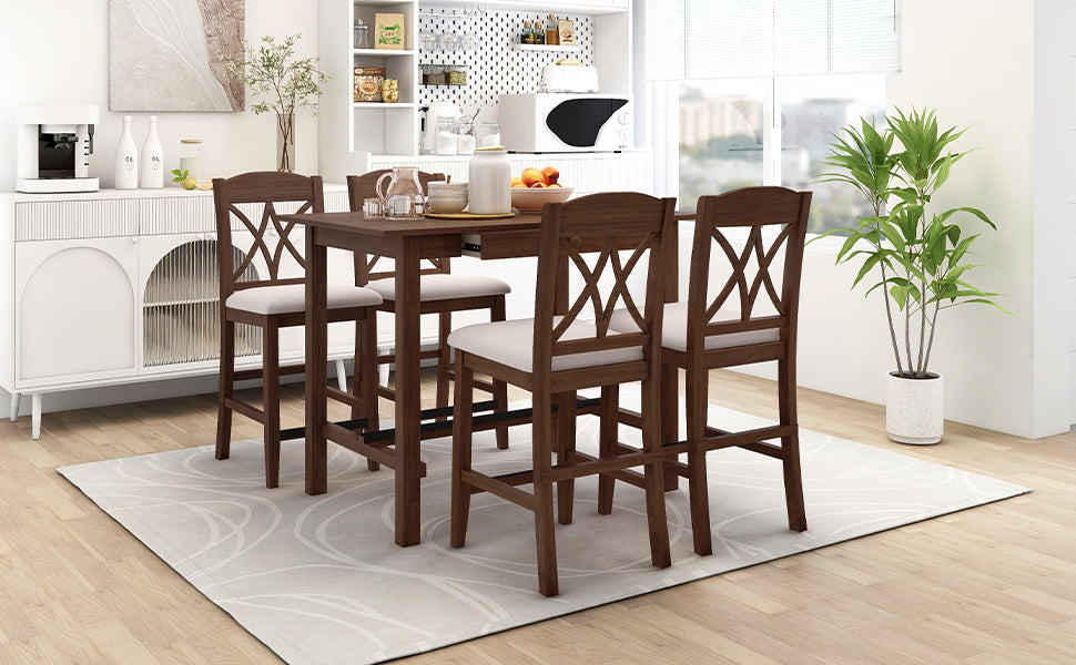 5-Piece Counter Height Dining Table Set - Walnut + Beige