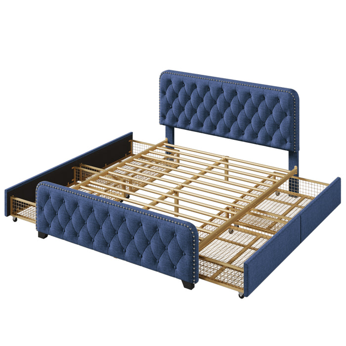 Upholstered Platform Bed Frame with Four Drawers (Blue) Queen