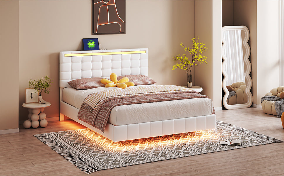 Queen Size Modern Upholstered Platform LED Bed with LED Lights and USB Charging - White