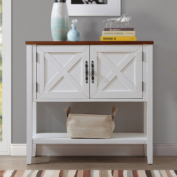 Farmhouse Wood Buffet Console Table- Antique White + Walnut Top