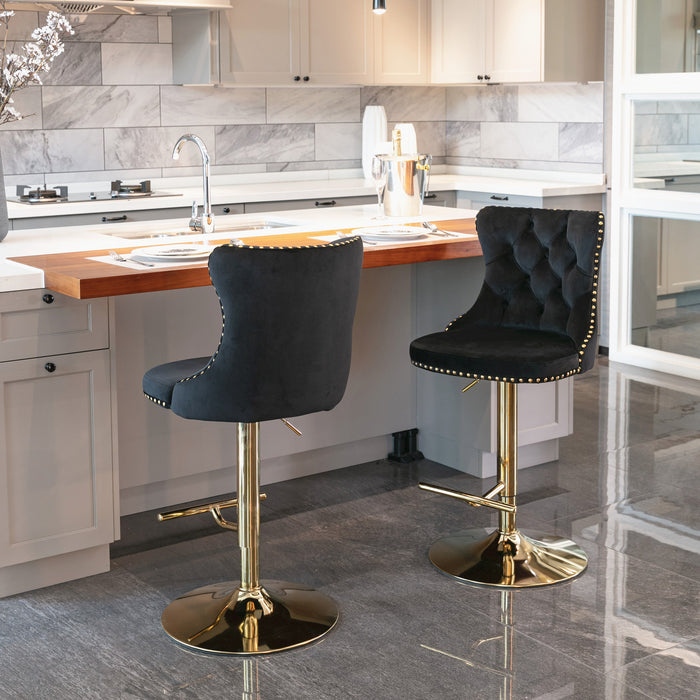 Golden Swivel Velvet Barstools (Black, Set of 2）