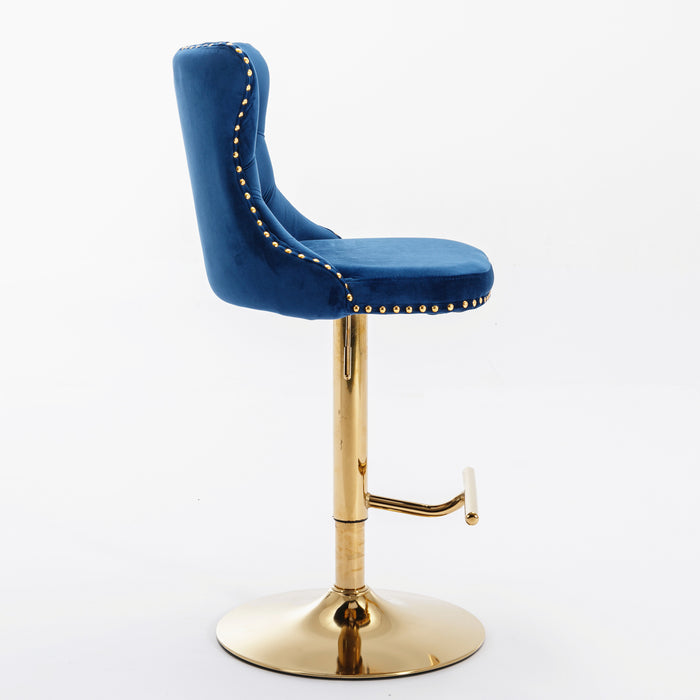 Golden Swivel Velvet Barstool, Blue (Set of 2）