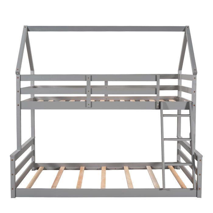 Twin over Full House Bunk Bed with Built-in Ladder - Gray