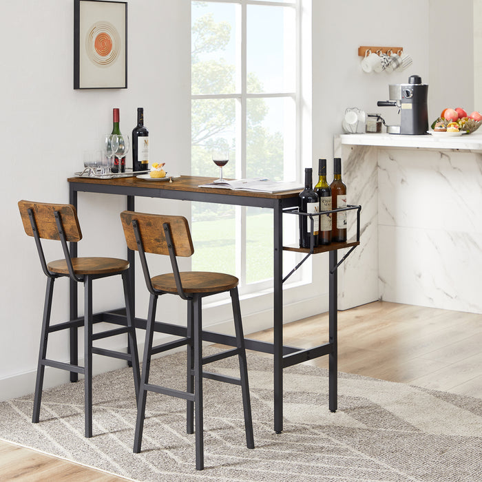 3-Piece Bar Table Set with wine bottle storage rack - Rustic Brown