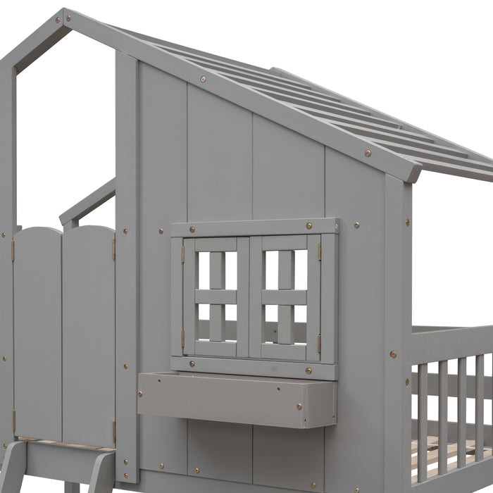 Twin over Twin House Bunk Bed with Roof & Windows - Grey