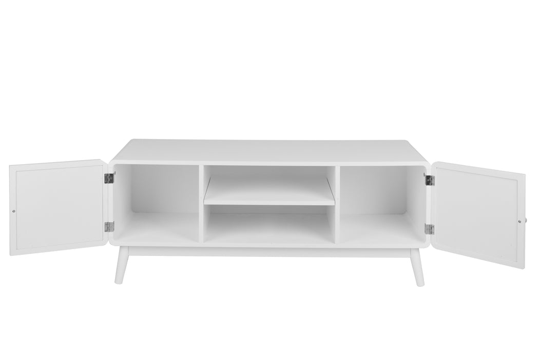 White TV Console with Rattan Door