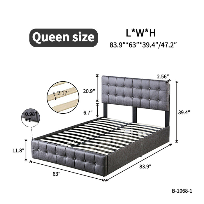 Hot Sale Queen Size Dark Grey Upholstered Platform Bed Frame  with Storage Drawers