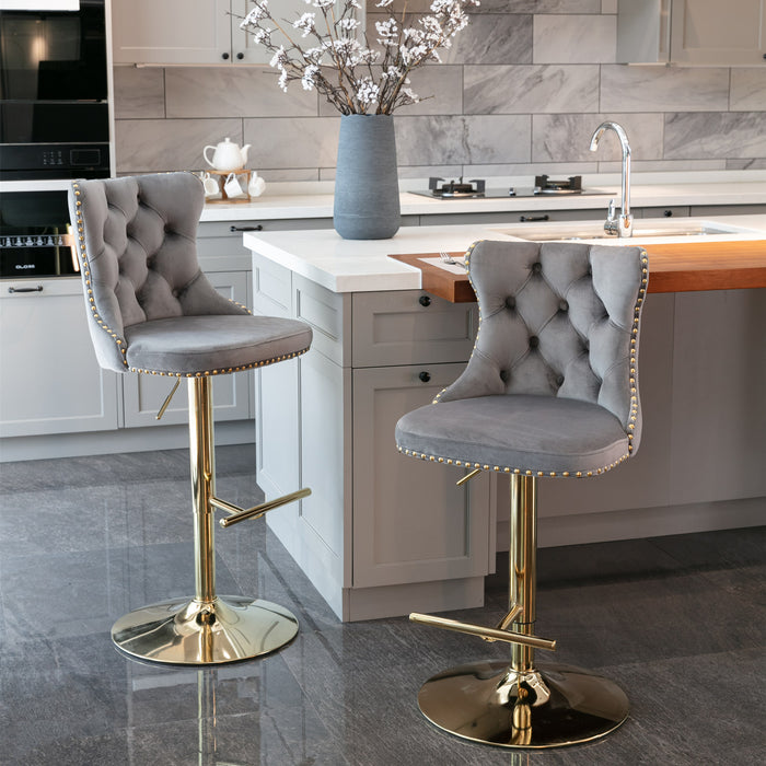 Golden Swivel Velvet Barstools , Gray (Set of 2）