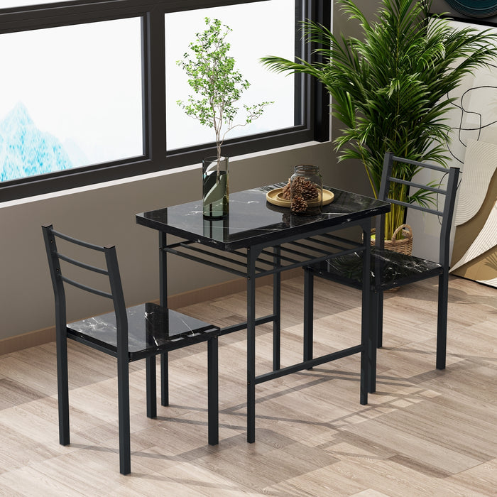 3-Piece Modern Dining Table Set - Black Frame + Printed Black Marble Finish