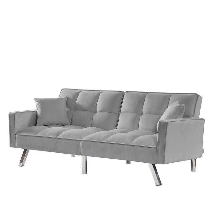 Modern Velvet Sofa  Bed with Armrests and 2 Pillows - Light Grey