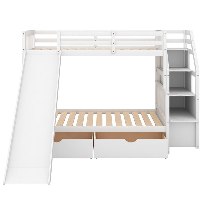 Multifunction Twin over Full Bunk Bed with Drawers, Storage and Slide - White