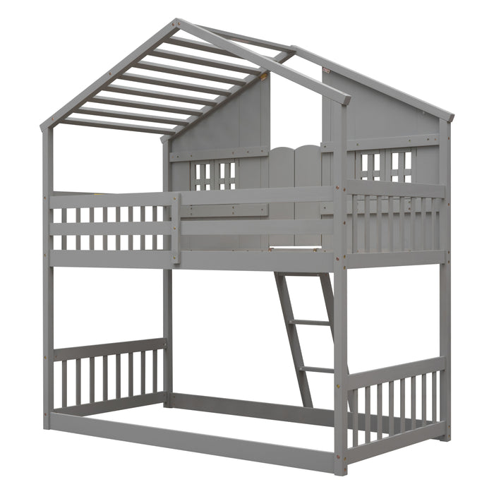 Twin over Twin House Bunk Bed with Roof & Windows - Grey