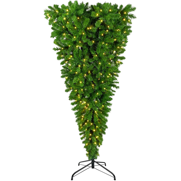 6ft Upside Down Christmas Tree with LED Warm White Lights and Metal Base - Green Leaf