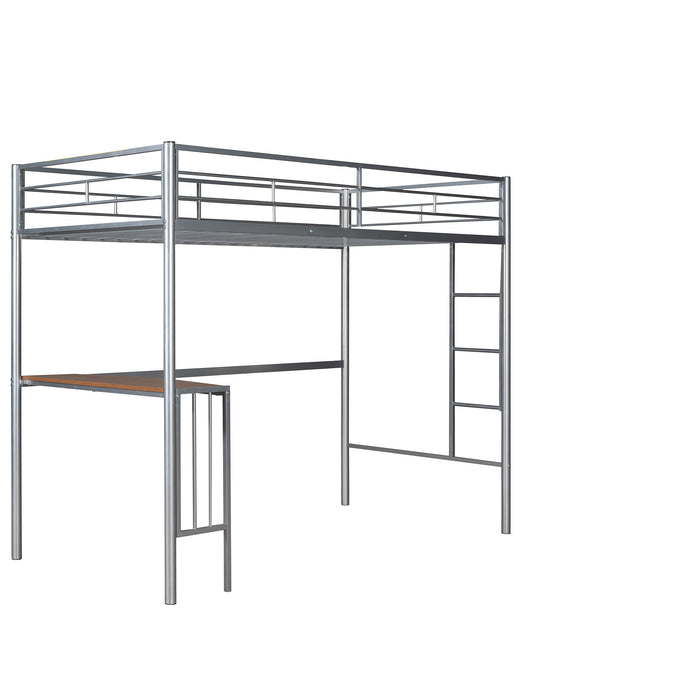 Twin Metal Loft Bunk Bed with Desk, Ladder and Guardrails - Silver