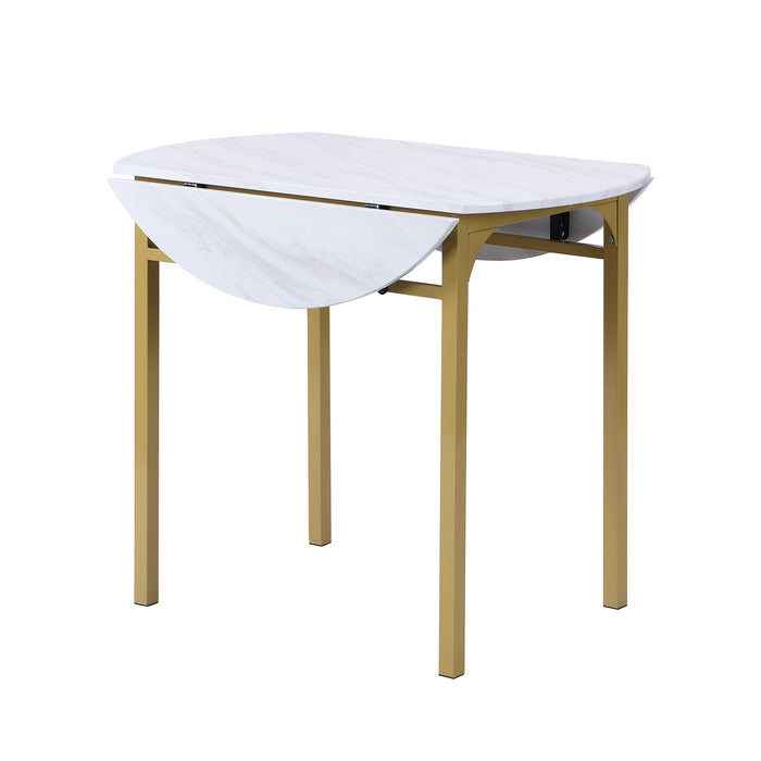 3-Piece  Modern Round Dining Table Set with Drop Leaf - Golden Frame + Faux White Granite Finish