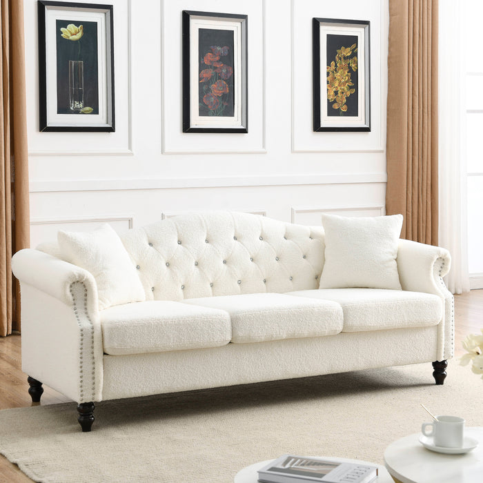 3+1 Combination of Chesterfield sofa and chair, teddy white, two pillows