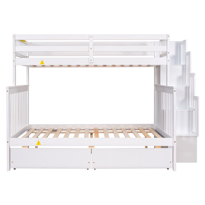 Twin Over Full Convertible Bunk Bed with 2 Drawers and Staircases - White