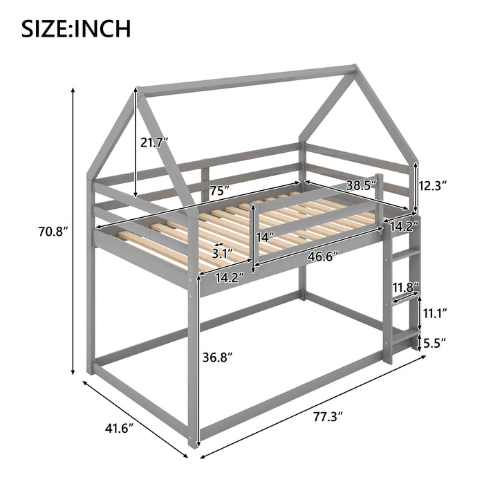 Twin over Twin Low  House Bunk Bed - Gray