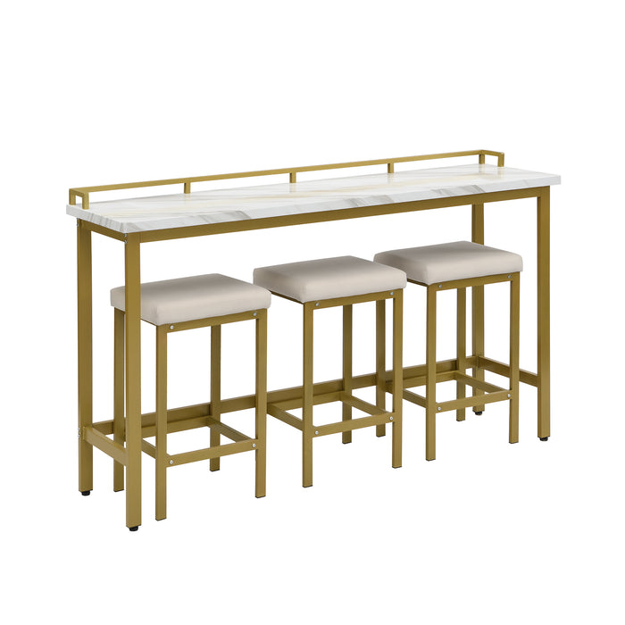 4-Piece Modern Counter Height Extra Long Console Dining Table Set - Gold + Beige