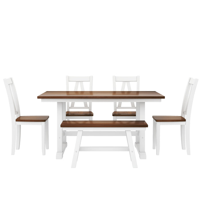 6-Piece Wood Dining Table Set Kitchen Table Set- Walnut + White