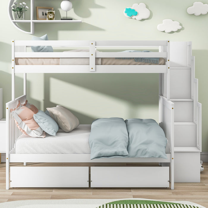 Twin Over Full Convertible Bunk Bed with 2 Drawers and Staircases - White