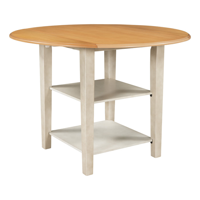 Farmhouse Round Kitchen Dining Table with Drop Leaf  and  2-tier Shelves